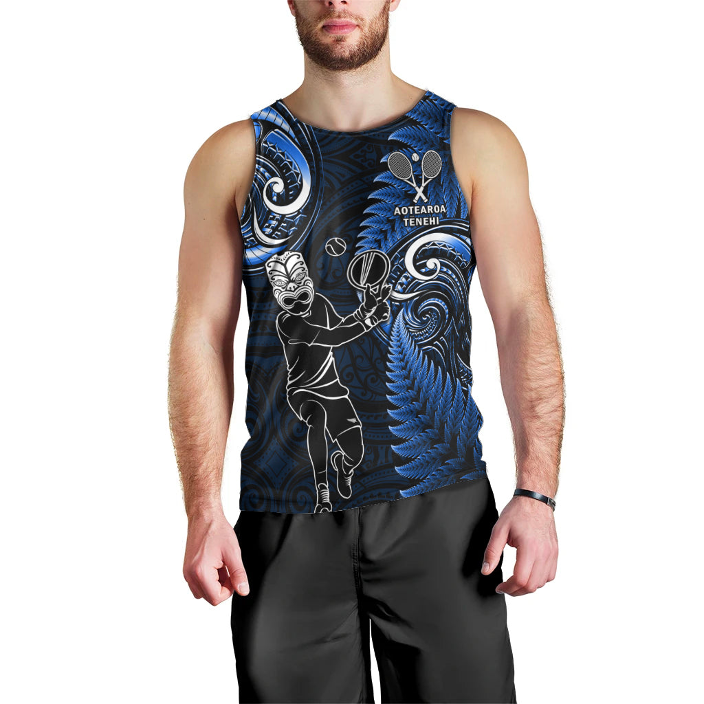 New Zealand Tiki Tennis Men Tank Top 2024 Aotearoa Tenehi Maori Silver Fern - Blue - Vibe Hoodie Shop