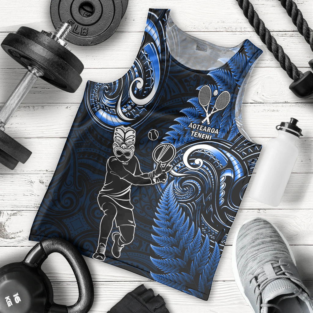 New Zealand Tiki Tennis Men Tank Top 2024 Aotearoa Tenehi Maori Silver Fern - Blue - Vibe Hoodie Shop