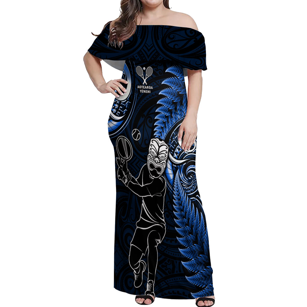 New Zealand Tiki Tennis Off Shoulder Maxi Dress 2024 Aotearoa Tenehi Maori Silver Fern - Blue