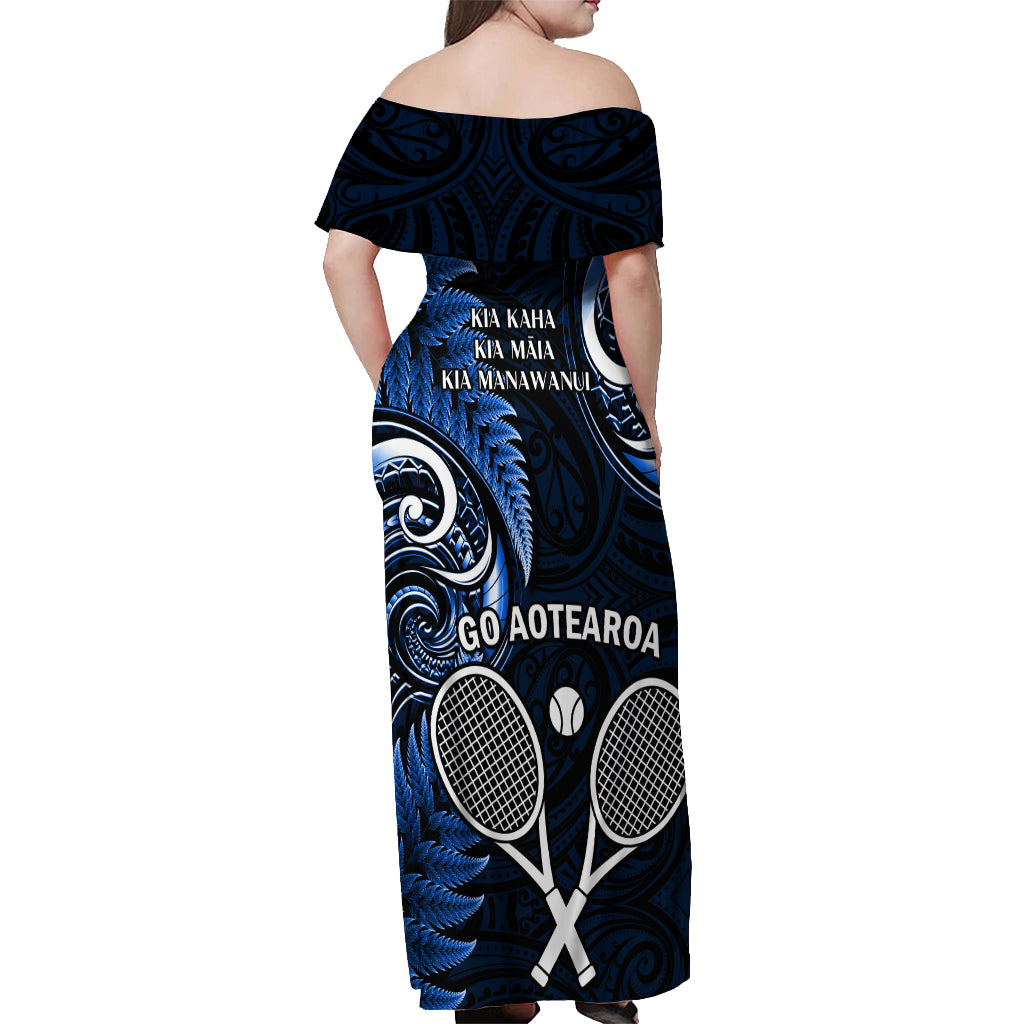 New Zealand Tiki Tennis Off Shoulder Maxi Dress 2024 Aotearoa Tenehi Maori Silver Fern - Blue