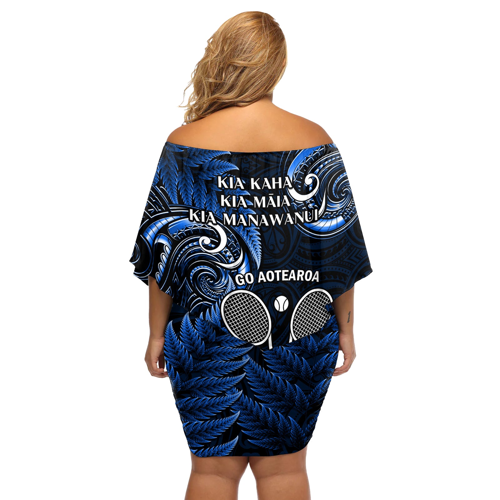 New Zealand Tiki Tennis Off Shoulder Short Dress 2024 Aotearoa Tenehi Maori Silver Fern - Blue