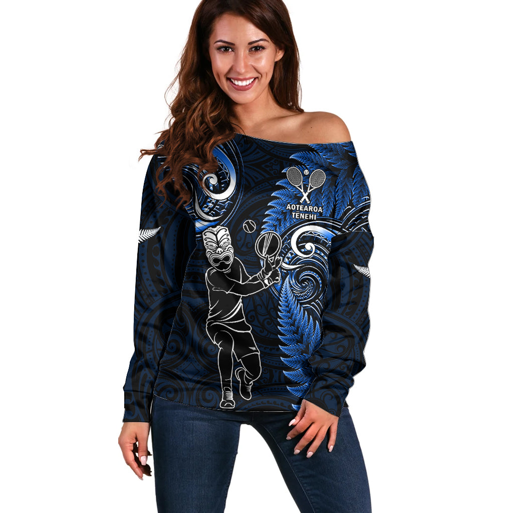 New Zealand Tiki Tennis Off Shoulder Sweater 2024 Aotearoa Tenehi Maori Silver Fern - Blue - Vibe Hoodie Shop