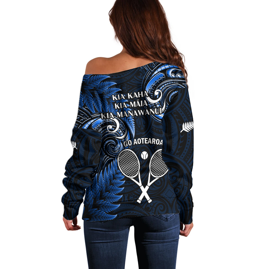 New Zealand Tiki Tennis Off Shoulder Sweater 2024 Aotearoa Tenehi Maori Silver Fern - Blue - Vibe Hoodie Shop