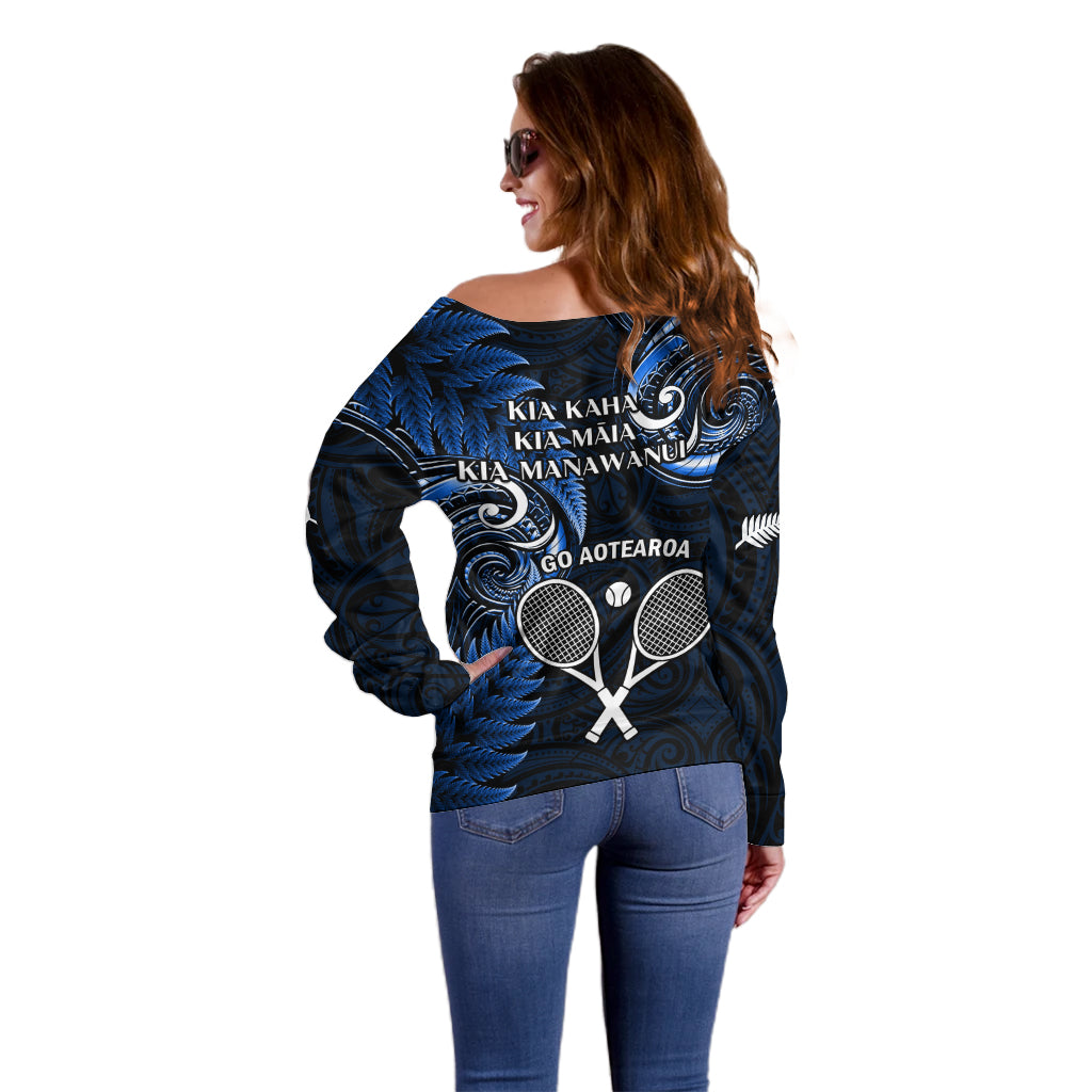 New Zealand Tiki Tennis Off Shoulder Sweater 2024 Aotearoa Tenehi Maori Silver Fern - Blue - Vibe Hoodie Shop