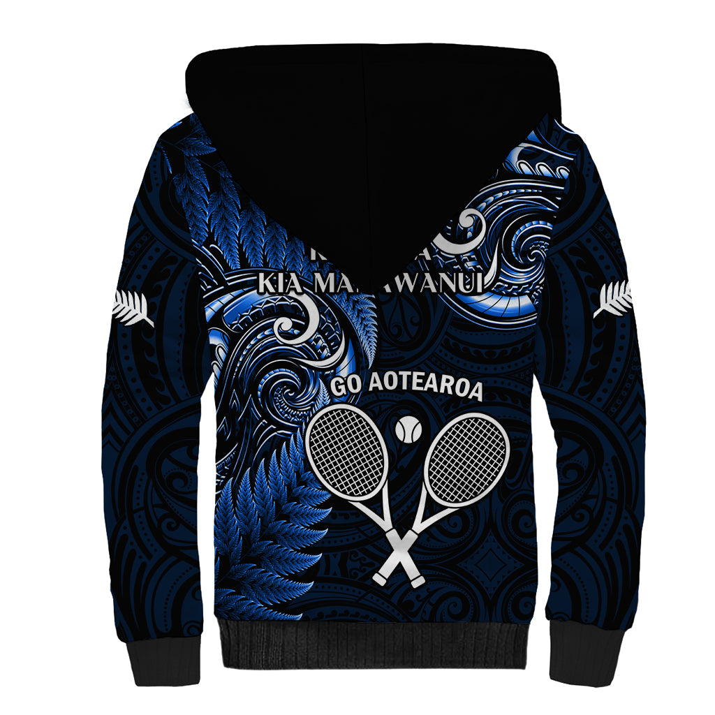 New Zealand Tiki Tennis Sherpa Hoodie 2024 Aotearoa Tenehi Maori Silver Fern - Blue - Vibe Hoodie Shop