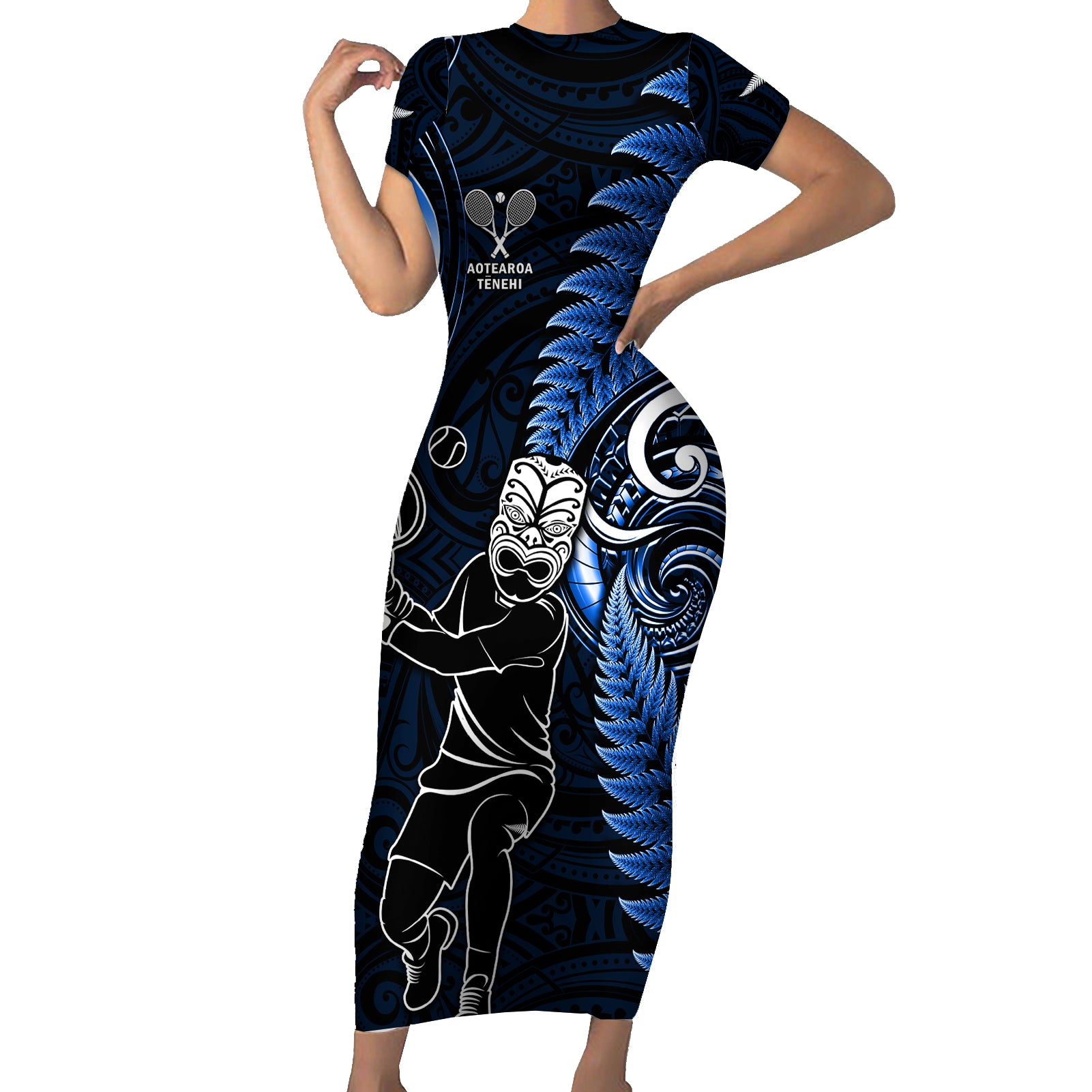 New Zealand Tiki Tennis Short Sleeve Bodycon Dress 2024 Aotearoa Tenehi Maori Silver Fern - Blue