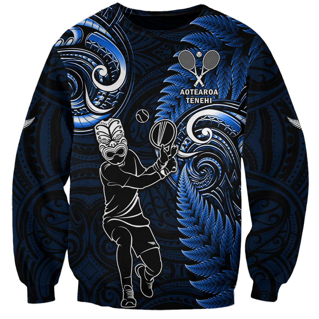 New Zealand Tiki Tennis Sweatshirt 2024 Aotearoa Tenehi Maori Silver Fern - Blue - Vibe Hoodie Shop