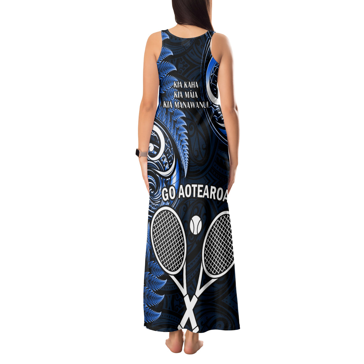 New Zealand Tiki Tennis Tank Maxi Dress 2024 Aotearoa Tenehi Maori Silver Fern - Blue