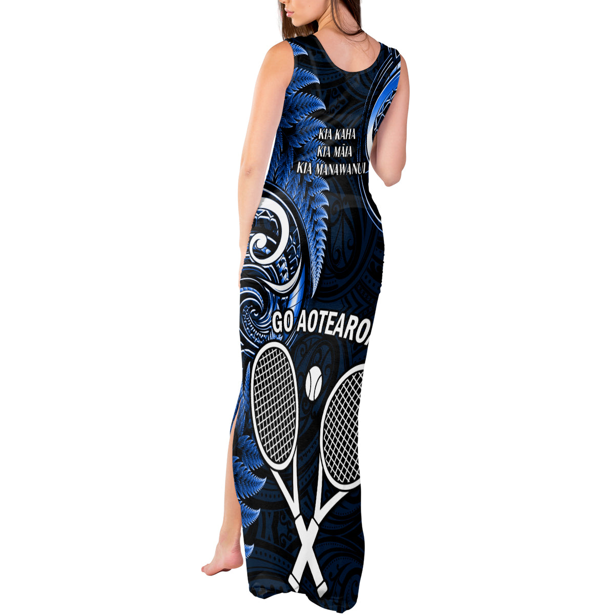 New Zealand Tiki Tennis Tank Maxi Dress 2024 Aotearoa Tenehi Maori Silver Fern - Blue