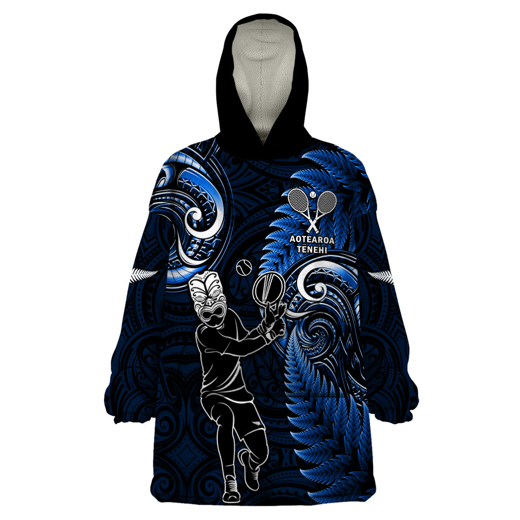 New Zealand Tiki Tennis Wearable Blanket Hoodie 2024 Aotearoa Tenehi Maori Silver Fern - Blue - Vibe Hoodie Shop