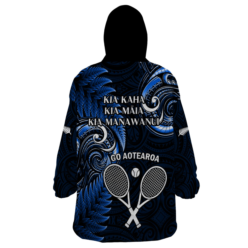 New Zealand Tiki Tennis Wearable Blanket Hoodie 2024 Aotearoa Tenehi Maori Silver Fern - Blue - Vibe Hoodie Shop