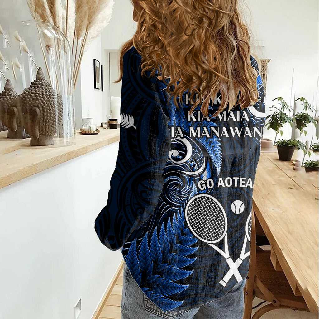 New Zealand Tiki Tennis Women Casual Shirt 2024 Aotearoa Tenehi Maori Silver Fern - Blue - Vibe Hoodie Shop