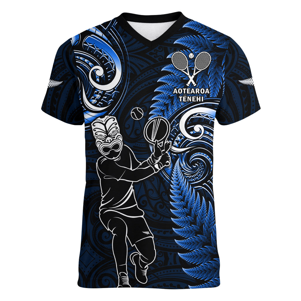 New Zealand Tiki Tennis Women V Neck T Shirt 2024 Aotearoa Tenehi Maori Silver Fern - Blue - Vibe Hoodie Shop