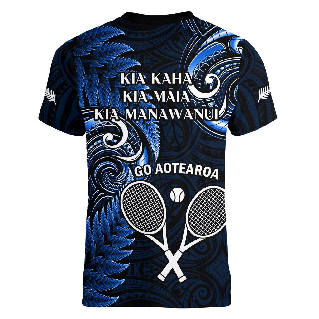 New Zealand Tiki Tennis Women V Neck T Shirt 2024 Aotearoa Tenehi Maori Silver Fern - Blue - Vibe Hoodie Shop