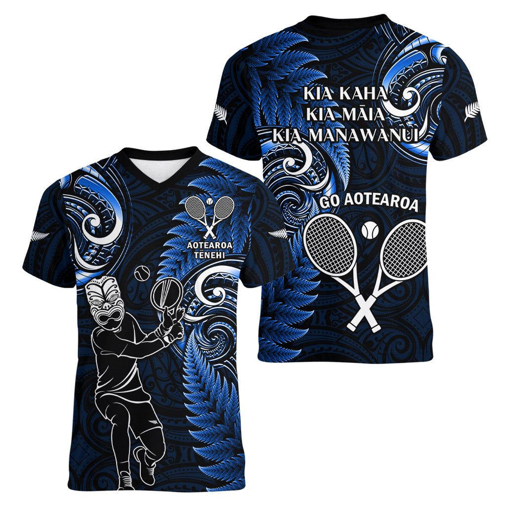 New Zealand Tiki Tennis Women V Neck T Shirt 2024 Aotearoa Tenehi Maori Silver Fern - Blue - Vibe Hoodie Shop