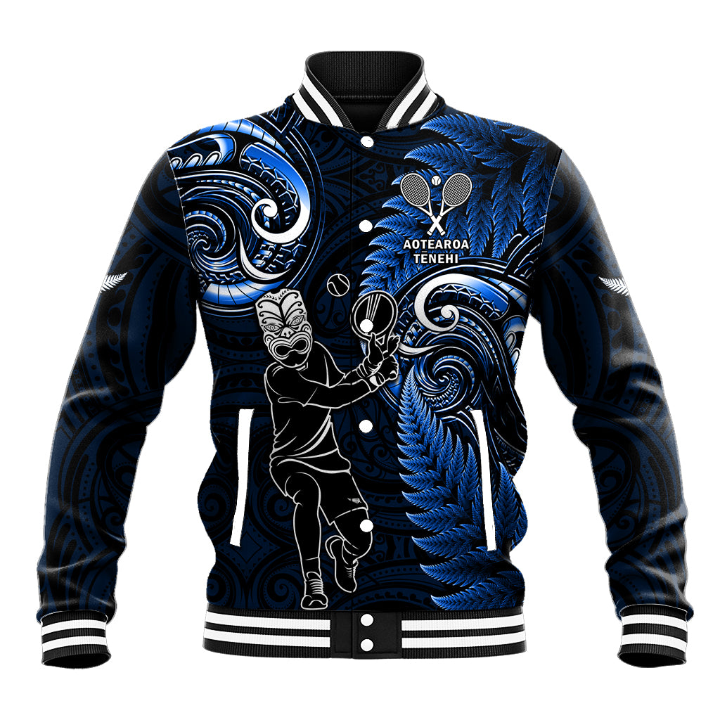 Custom New Zealand Tiki Tennis Baseball Jacket 2024 Aotearoa Tenehi Maori Silver Fern - Blue - Vibe Hoodie Shop