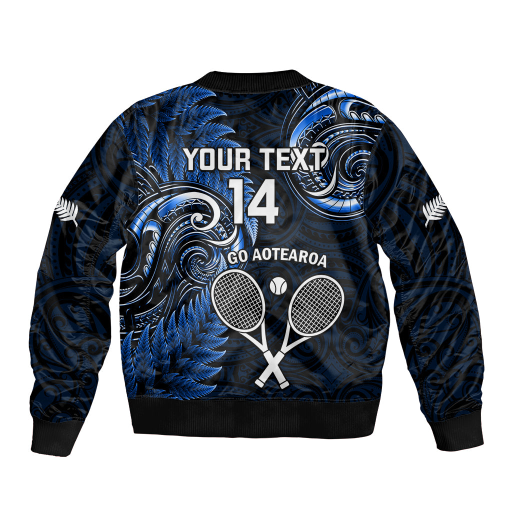 Custom New Zealand Tiki Tennis Bomber Jacket 2024 Aotearoa Tenehi Maori Silver Fern - Blue - Vibe Hoodie Shop