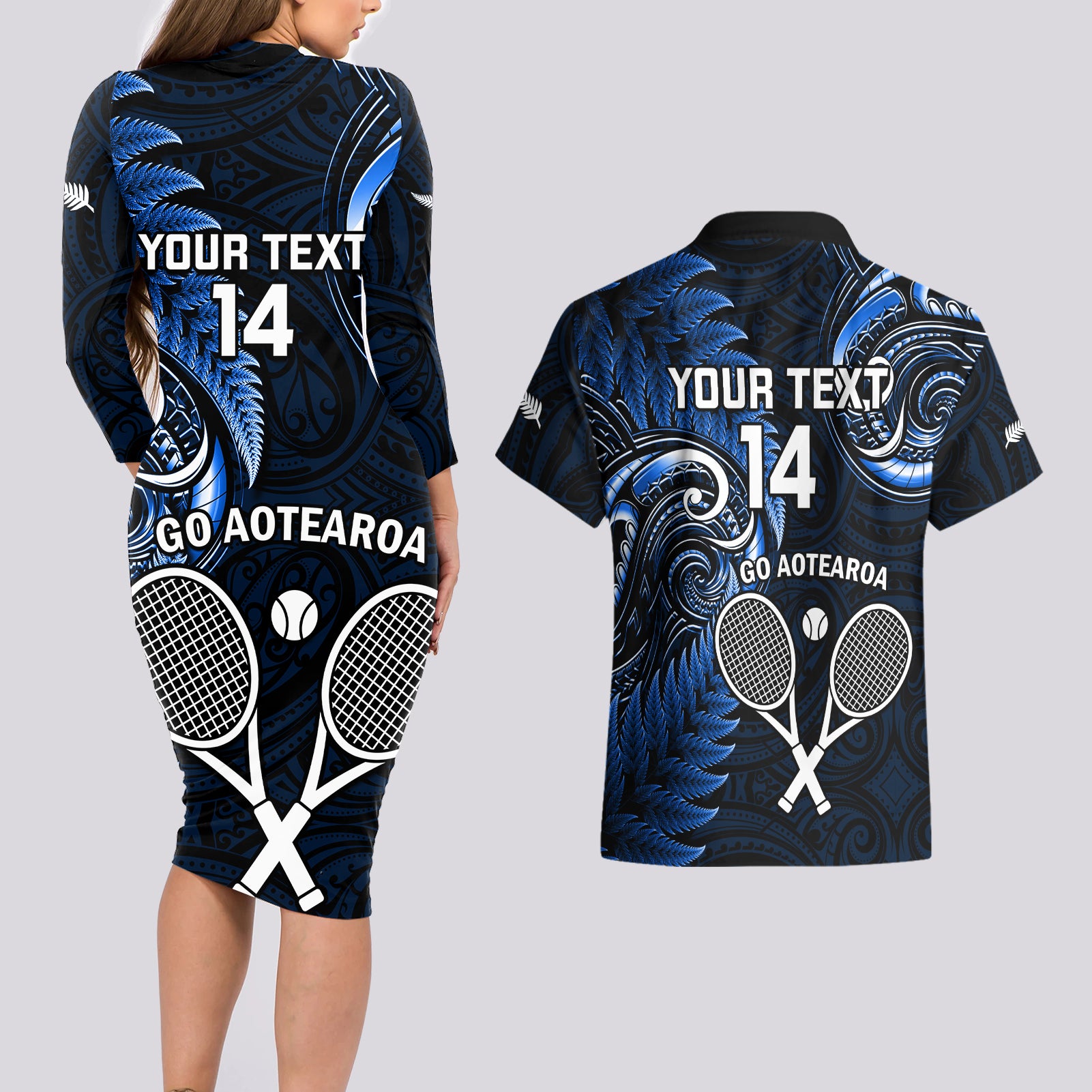 Custom New Zealand Tiki Tennis Couples Matching Long Sleeve Bodycon Dress and Hawaiian Shirt 2024 Aotearoa Tenehi Maori Silver Fern - Blue