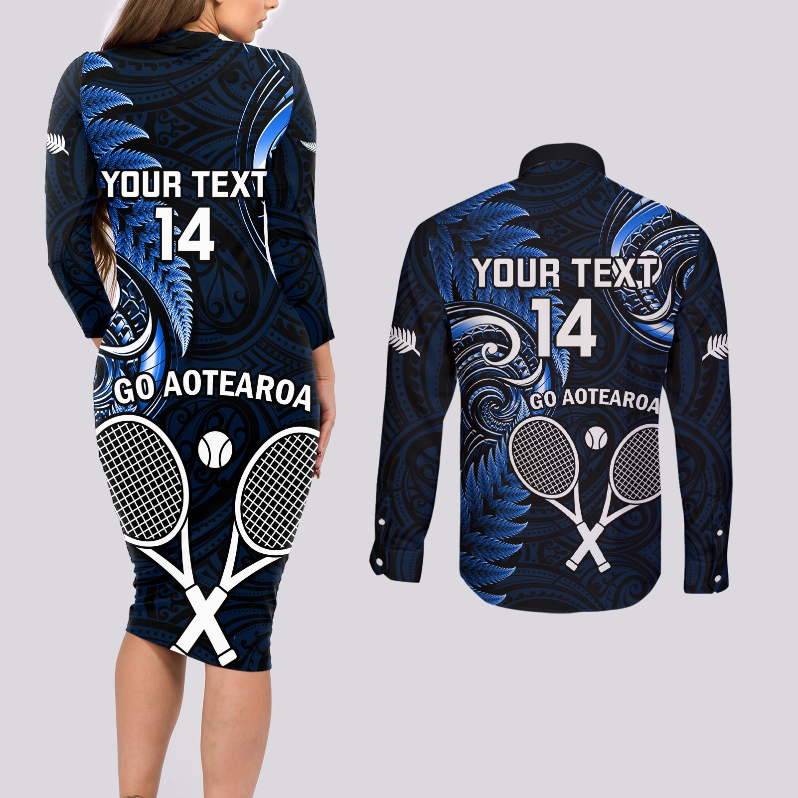 Custom New Zealand Tiki Tennis Couples Matching Long Sleeve Bodycon Dress and Long Sleeve Button Shirt 2024 Aotearoa Tenehi Maori Silver Fern - Blue