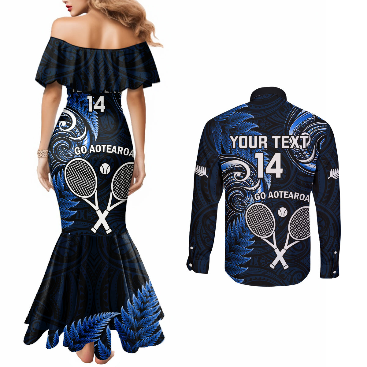 Custom New Zealand Tiki Tennis Couples Matching Mermaid Dress and Long Sleeve Button Shirt 2024 Aotearoa Tenehi Maori Silver Fern - Blue