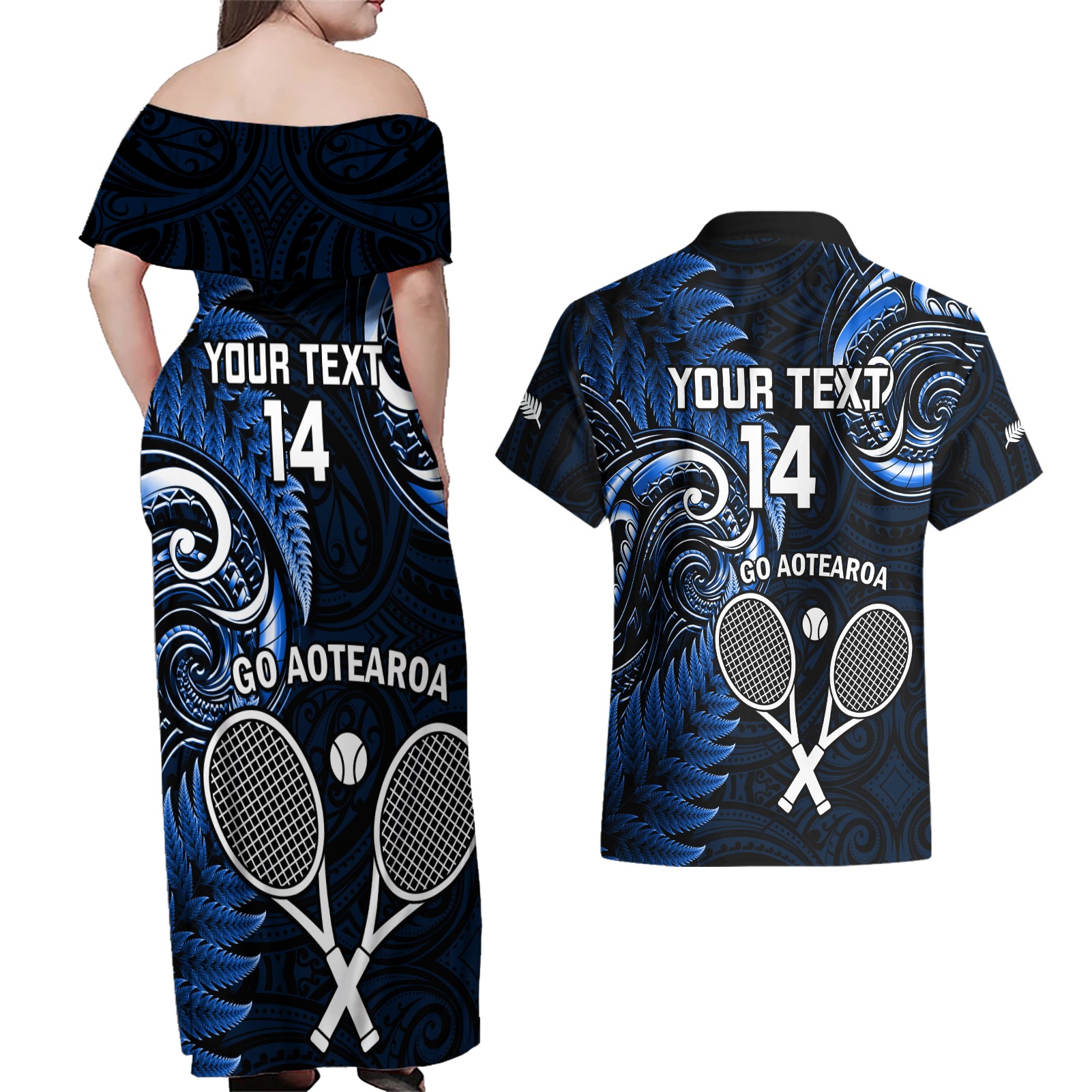 Custom New Zealand Tiki Tennis Couples Matching Off Shoulder Maxi Dress and Hawaiian Shirt 2024 Aotearoa Tenehi Maori Silver Fern - Blue