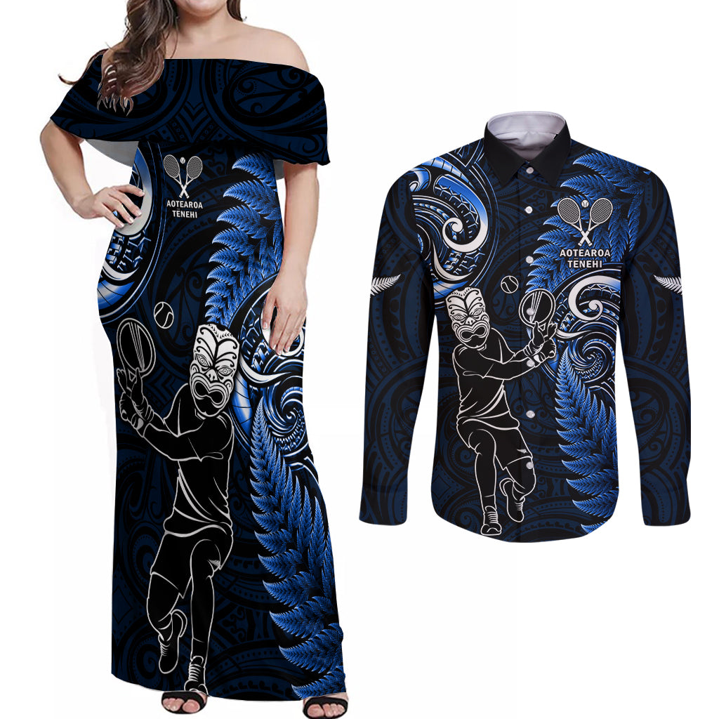 Custom New Zealand Tiki Tennis Couples Matching Off Shoulder Maxi Dress and Long Sleeve Button Shirt 2024 Aotearoa Tenehi Maori Silver Fern - Blue