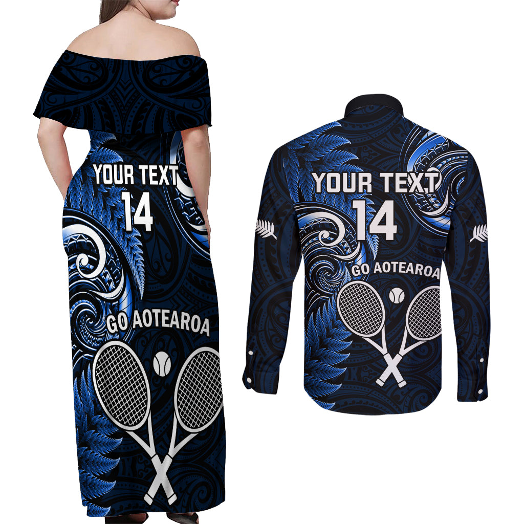 Custom New Zealand Tiki Tennis Couples Matching Off Shoulder Maxi Dress and Long Sleeve Button Shirt 2024 Aotearoa Tenehi Maori Silver Fern - Blue