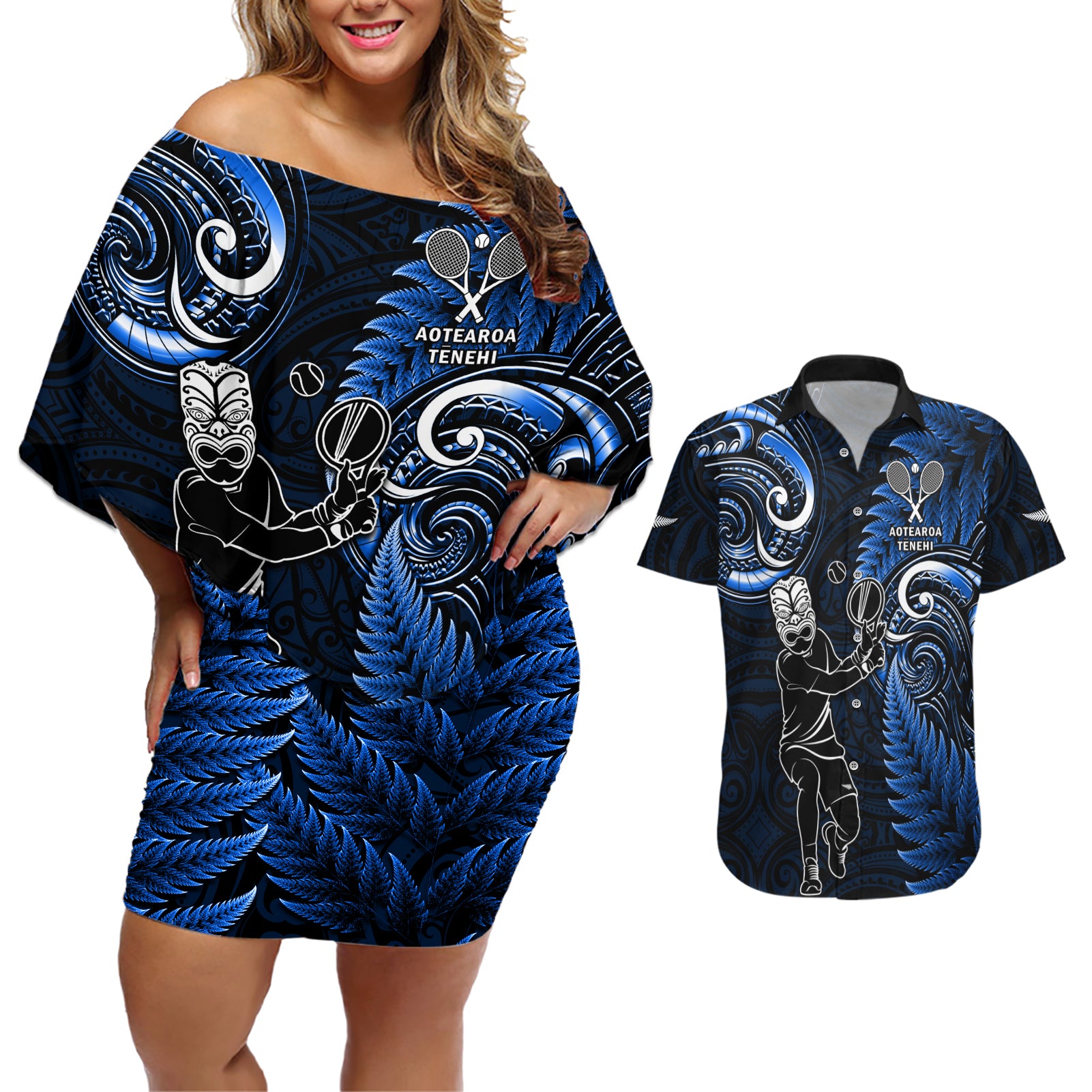 Custom New Zealand Tiki Tennis Couples Matching Off Shoulder Short Dress and Hawaiian Shirt 2024 Aotearoa Tenehi Maori Silver Fern - Blue