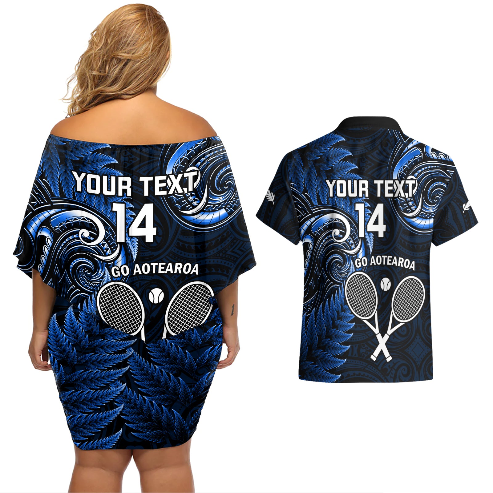 Custom New Zealand Tiki Tennis Couples Matching Off Shoulder Short Dress and Hawaiian Shirt 2024 Aotearoa Tenehi Maori Silver Fern - Blue