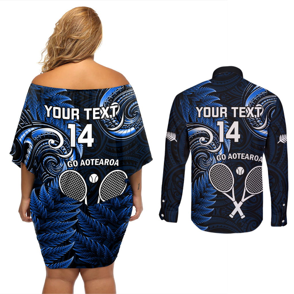 Custom New Zealand Tiki Tennis Couples Matching Off Shoulder Short Dress and Long Sleeve Button Shirt 2024 Aotearoa Tenehi Maori Silver Fern - Blue