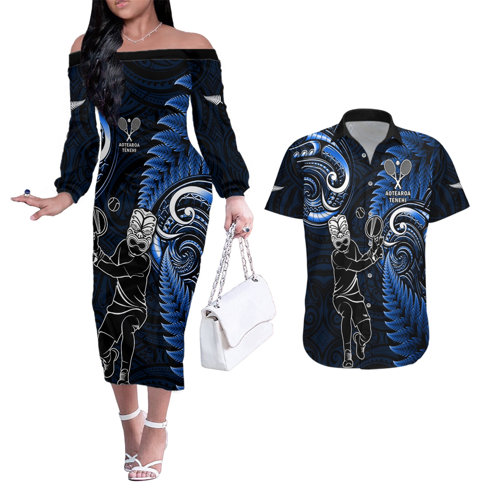 Custom New Zealand Tiki Tennis Couples Matching Off The Shoulder Long Sleeve Dress and Hawaiian Shirt 2024 Aotearoa Tenehi Maori Silver Fern - Blue