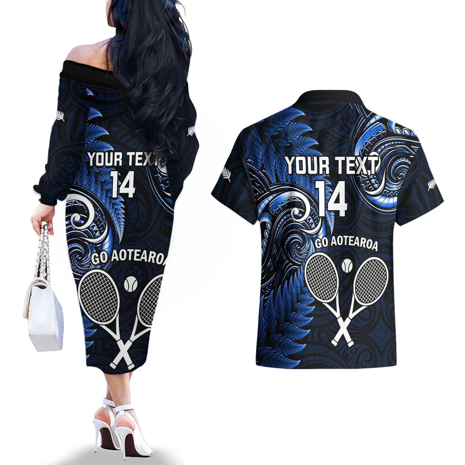 Custom New Zealand Tiki Tennis Couples Matching Off The Shoulder Long Sleeve Dress and Hawaiian Shirt 2024 Aotearoa Tenehi Maori Silver Fern - Blue