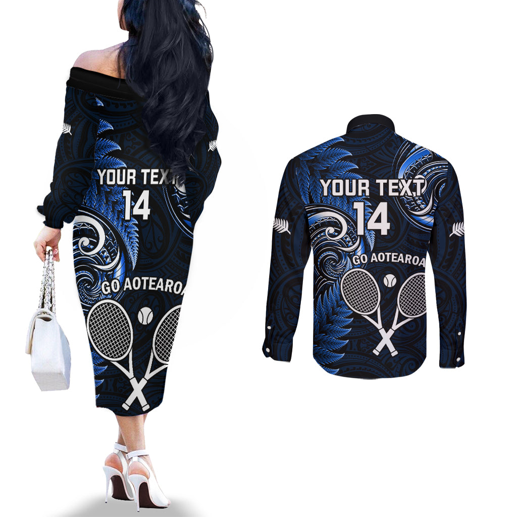 Custom New Zealand Tiki Tennis Couples Matching Off The Shoulder Long Sleeve Dress and Long Sleeve Button Shirt 2024 Aotearoa Tenehi Maori Silver Fern - Blue