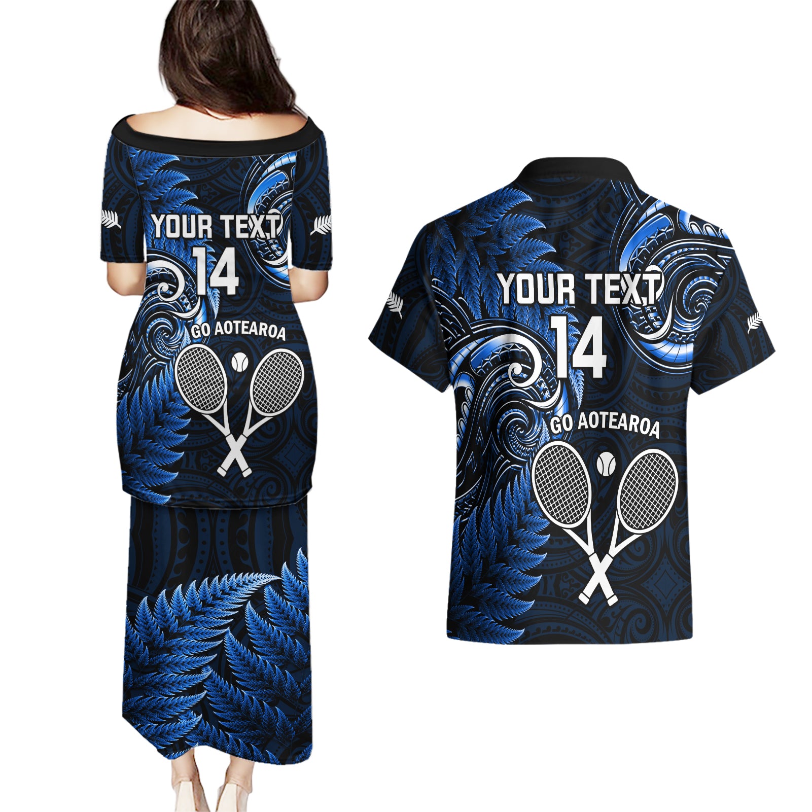 Custom New Zealand Tiki Tennis Couples Matching Puletasi and Hawaiian Shirt 2024 Aotearoa Tenehi Maori Silver Fern - Blue