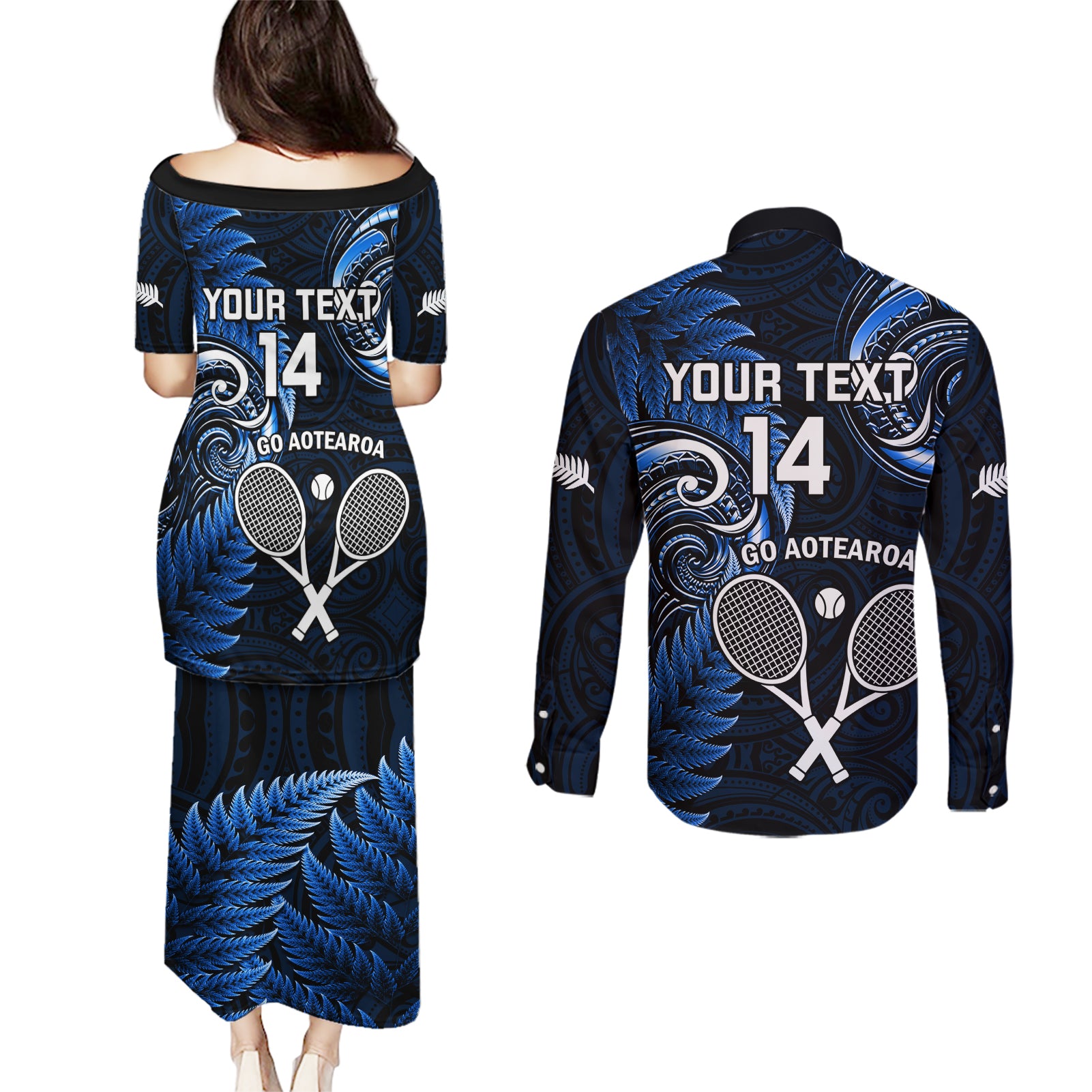 Custom New Zealand Tiki Tennis Couples Matching Puletasi and Long Sleeve Button Shirt 2024 Aotearoa Tenehi Maori Silver Fern - Blue