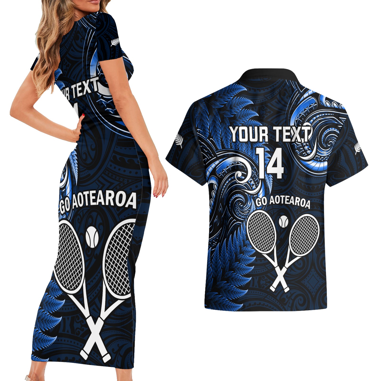 Custom New Zealand Tiki Tennis Couples Matching Short Sleeve Bodycon Dress and Hawaiian Shirt 2024 Aotearoa Tenehi Maori Silver Fern - Blue