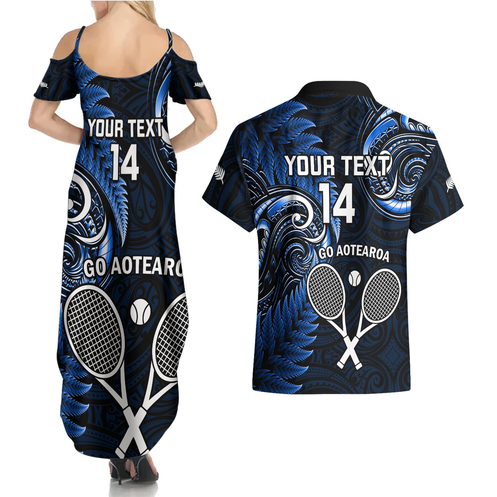 Custom New Zealand Tiki Tennis Couples Matching Summer Maxi Dress and Hawaiian Shirt 2024 Aotearoa Tenehi Maori Silver Fern - Blue