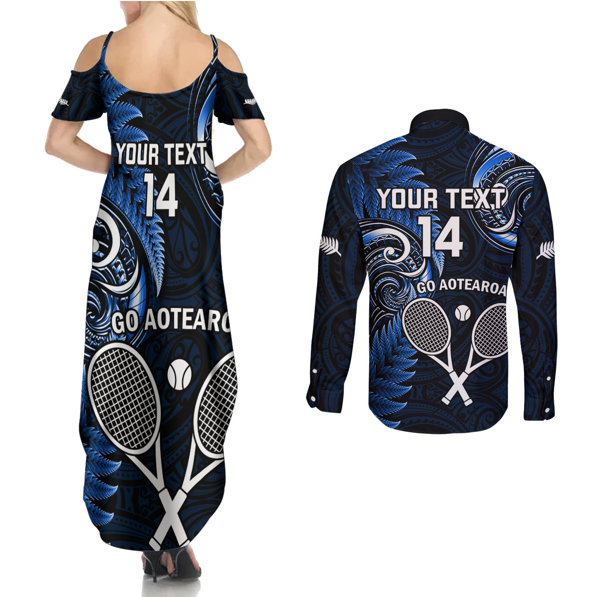 Custom New Zealand Tiki Tennis Couples Matching Summer Maxi Dress and Long Sleeve Button Shirt 2024 Aotearoa Tenehi Maori Silver Fern - Blue