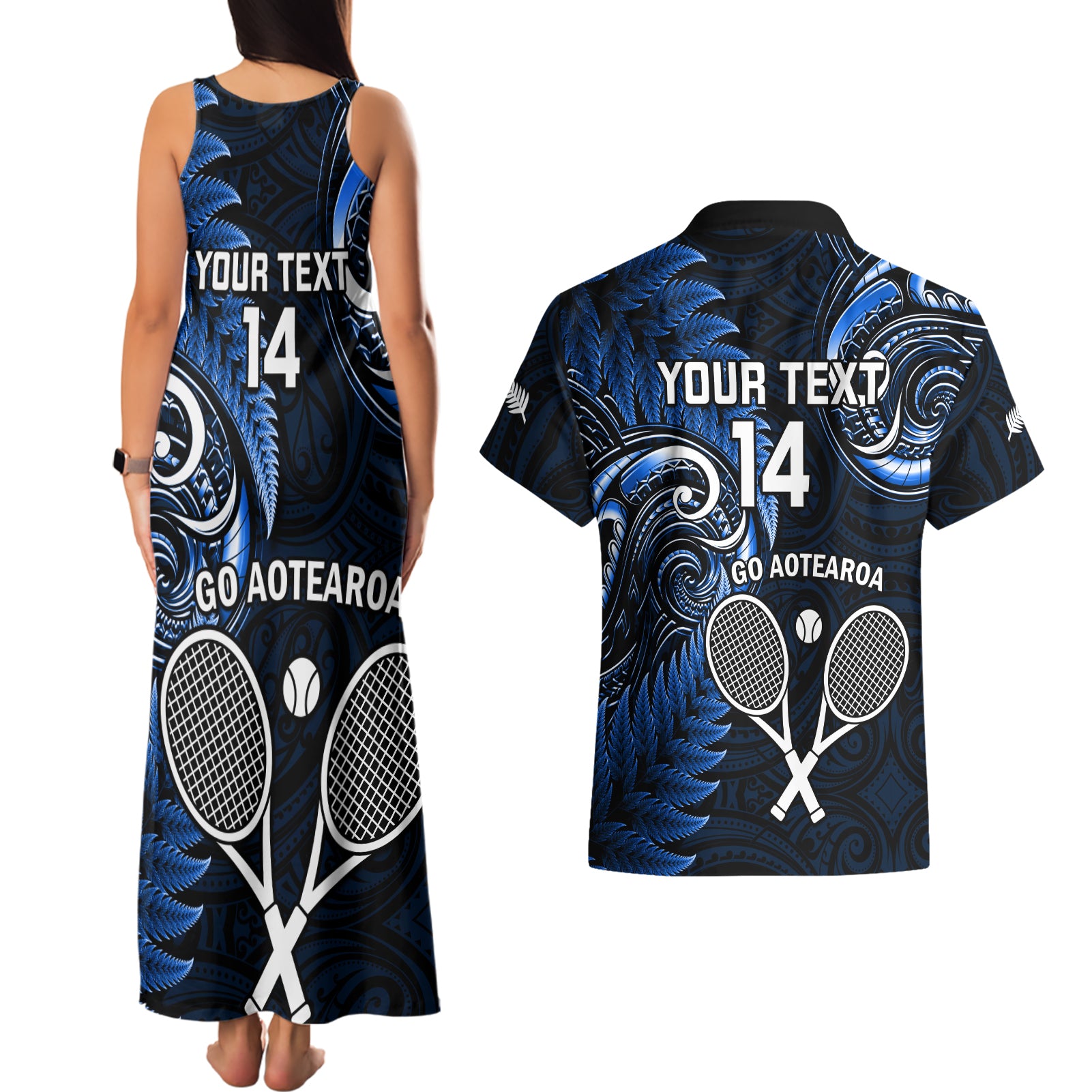 Custom New Zealand Tiki Tennis Couples Matching Tank Maxi Dress and Hawaiian Shirt 2024 Aotearoa Tenehi Maori Silver Fern - Blue