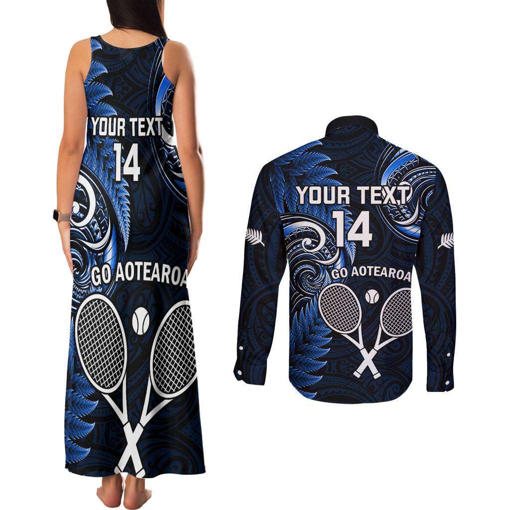 Custom New Zealand Tiki Tennis Couples Matching Tank Maxi Dress and Long Sleeve Button Shirt 2024 Aotearoa Tenehi Maori Silver Fern - Blue