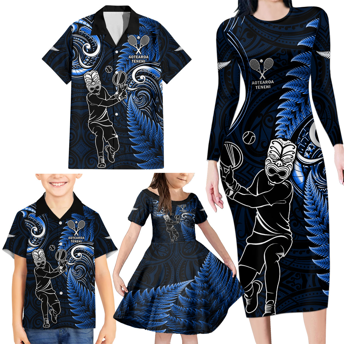 Custom New Zealand Tiki Tennis Family Matching Long Sleeve Bodycon Dress and Hawaiian Shirt 2024 Aotearoa Tenehi Maori Silver Fern - Blue