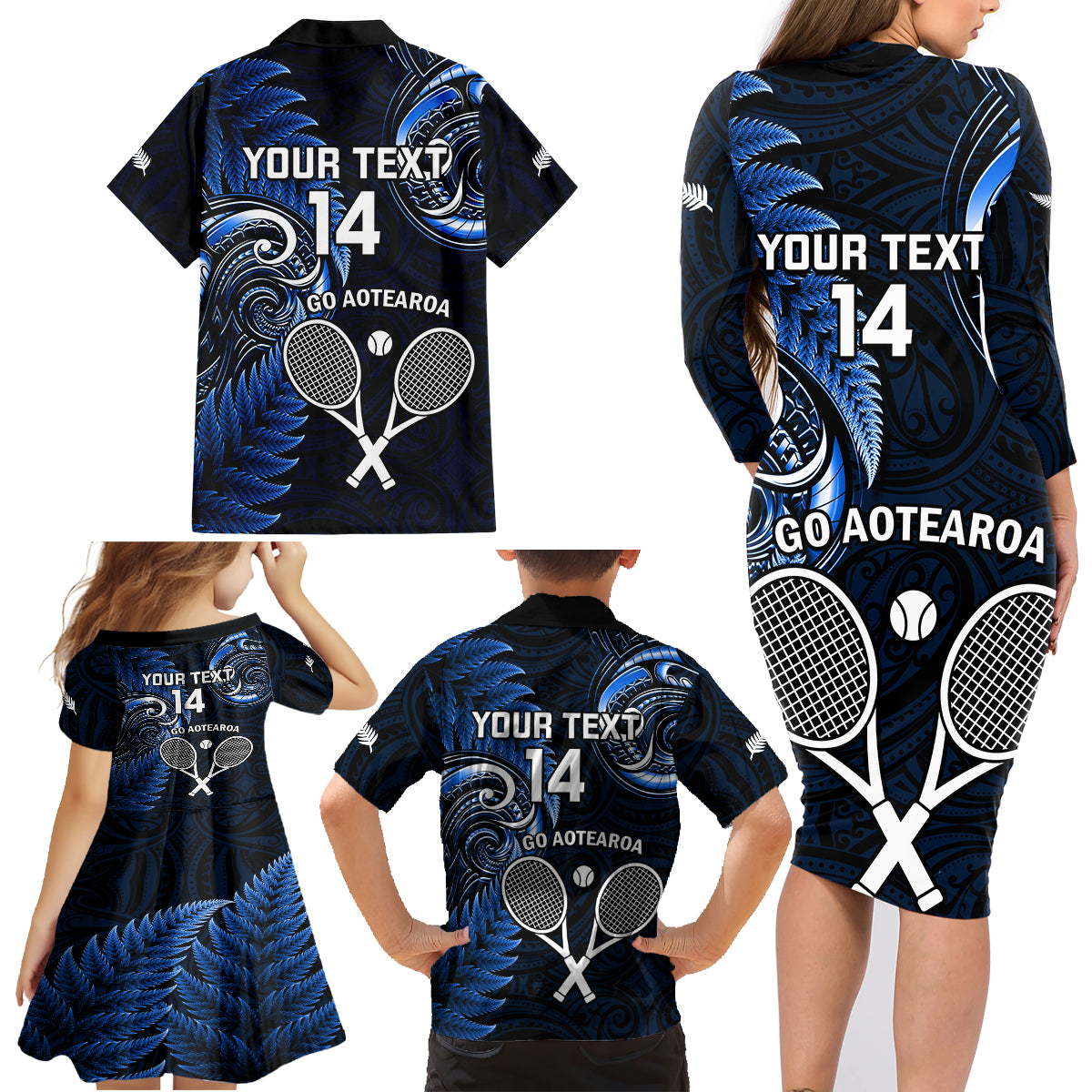 Custom New Zealand Tiki Tennis Family Matching Long Sleeve Bodycon Dress and Hawaiian Shirt 2024 Aotearoa Tenehi Maori Silver Fern - Blue