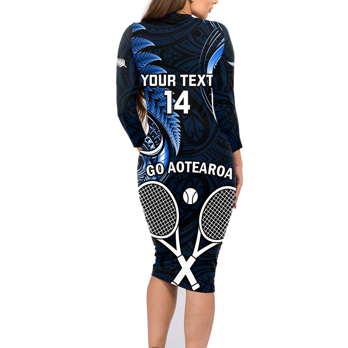 Custom New Zealand Tiki Tennis Family Matching Long Sleeve Bodycon Dress and Hawaiian Shirt 2024 Aotearoa Tenehi Maori Silver Fern - Blue