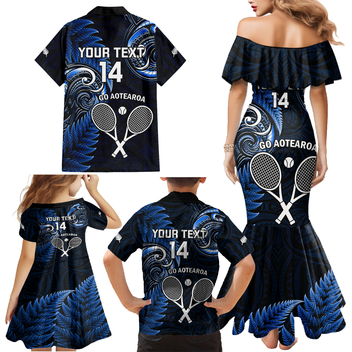 Custom New Zealand Tiki Tennis Family Matching Mermaid Dress and Hawaiian Shirt 2024 Aotearoa Tenehi Maori Silver Fern - Blue