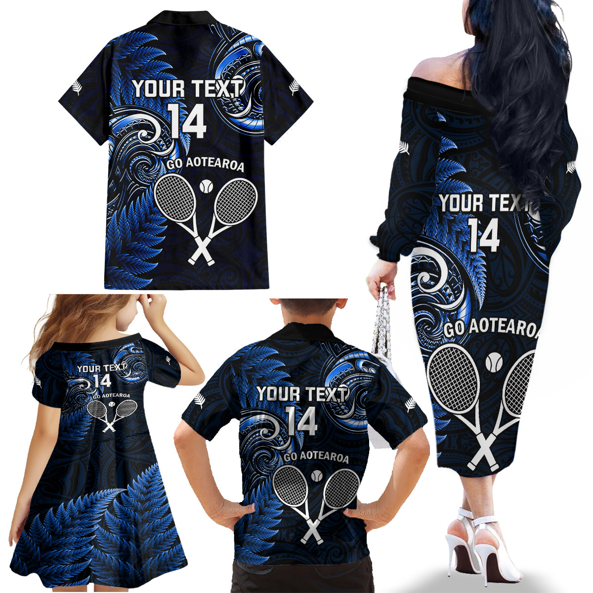 Custom New Zealand Tiki Tennis Family Matching Off Shoulder Long Sleeve Dress and Hawaiian Shirt 2024 Aotearoa Tenehi Maori Silver Fern - Blue