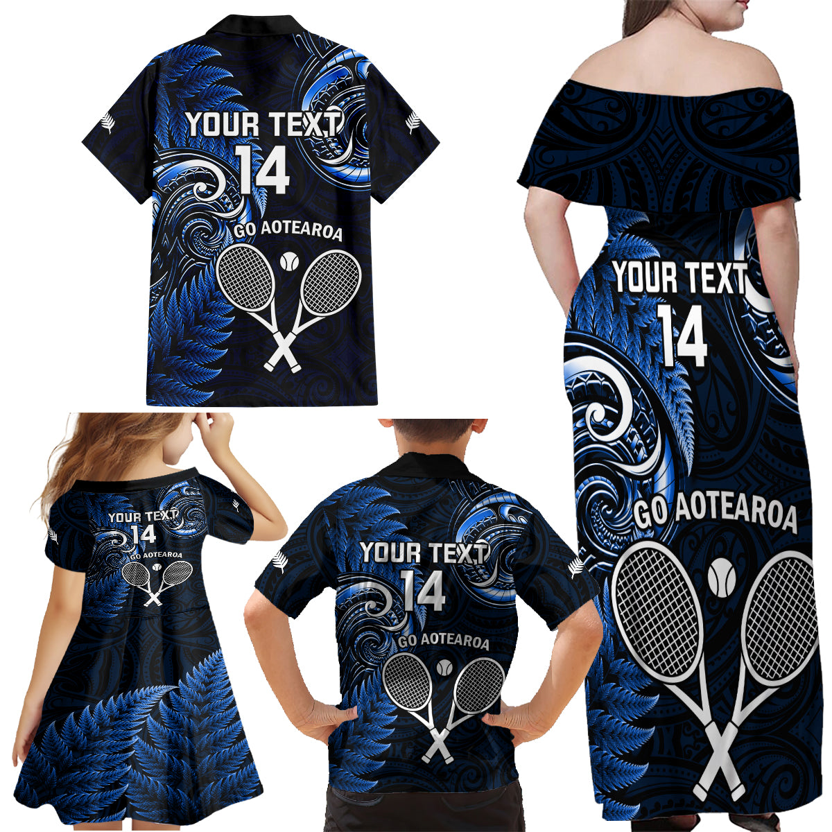 Custom New Zealand Tiki Tennis Family Matching Off Shoulder Maxi Dress and Hawaiian Shirt 2024 Aotearoa Tenehi Maori Silver Fern - Blue