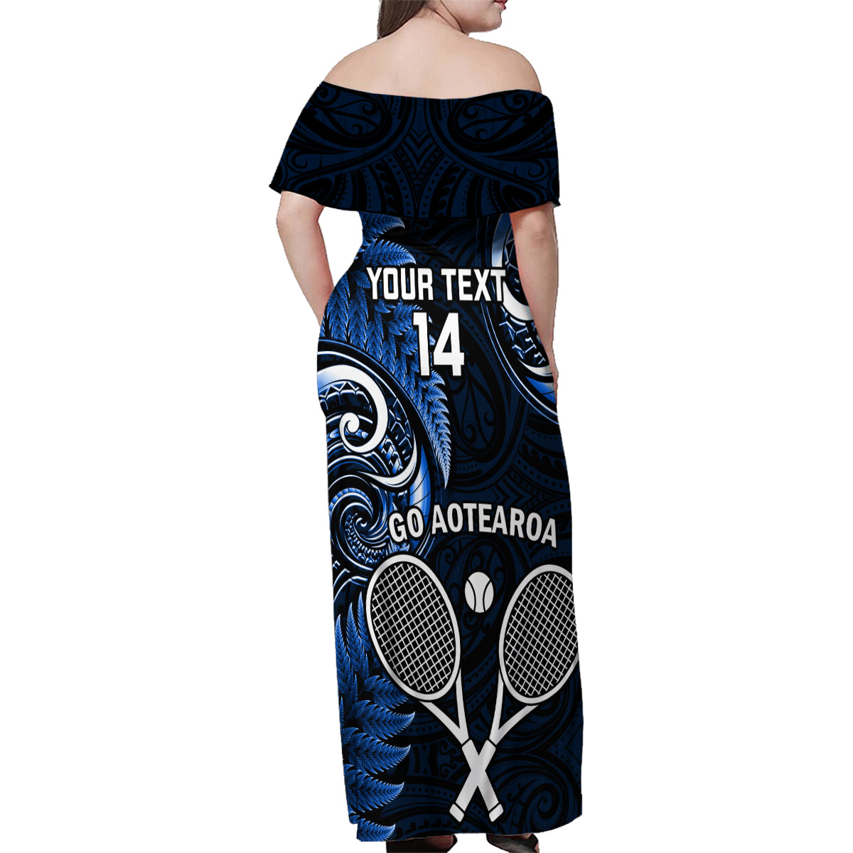 Custom New Zealand Tiki Tennis Family Matching Off Shoulder Maxi Dress and Hawaiian Shirt 2024 Aotearoa Tenehi Maori Silver Fern - Blue