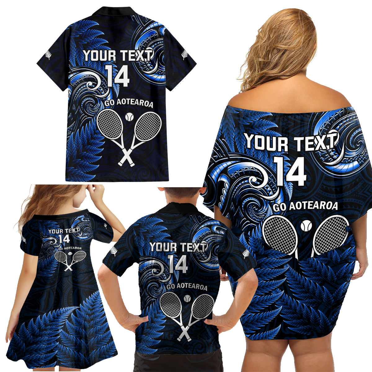 Custom New Zealand Tiki Tennis Family Matching Off Shoulder Short Dress and Hawaiian Shirt 2024 Aotearoa Tenehi Maori Silver Fern - Blue