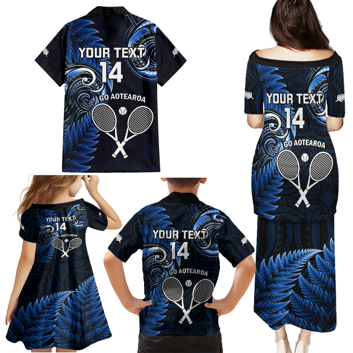 Custom New Zealand Tiki Tennis Family Matching Puletasi and Hawaiian Shirt 2024 Aotearoa Tenehi Maori Silver Fern - Blue