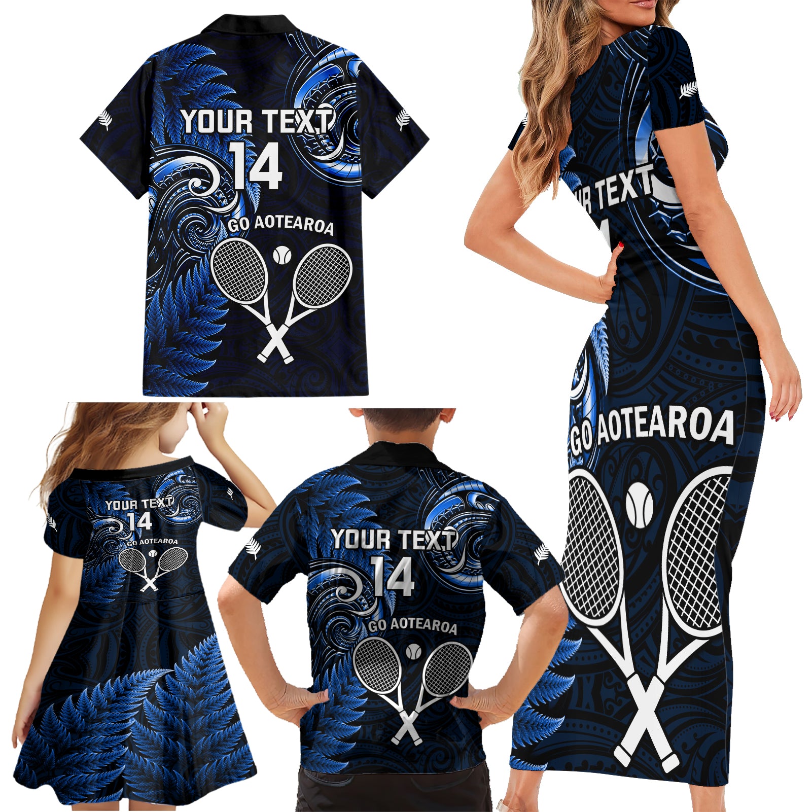 Custom New Zealand Tiki Tennis Family Matching Short Sleeve Bodycon Dress and Hawaiian Shirt 2024 Aotearoa Tenehi Maori Silver Fern - Blue